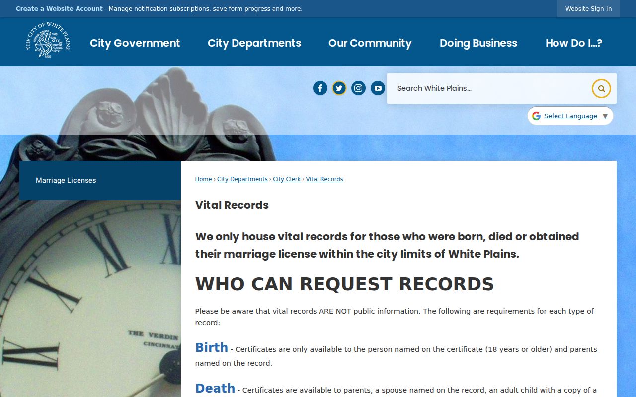 White Plains resident lookup vital records eligibility and application links