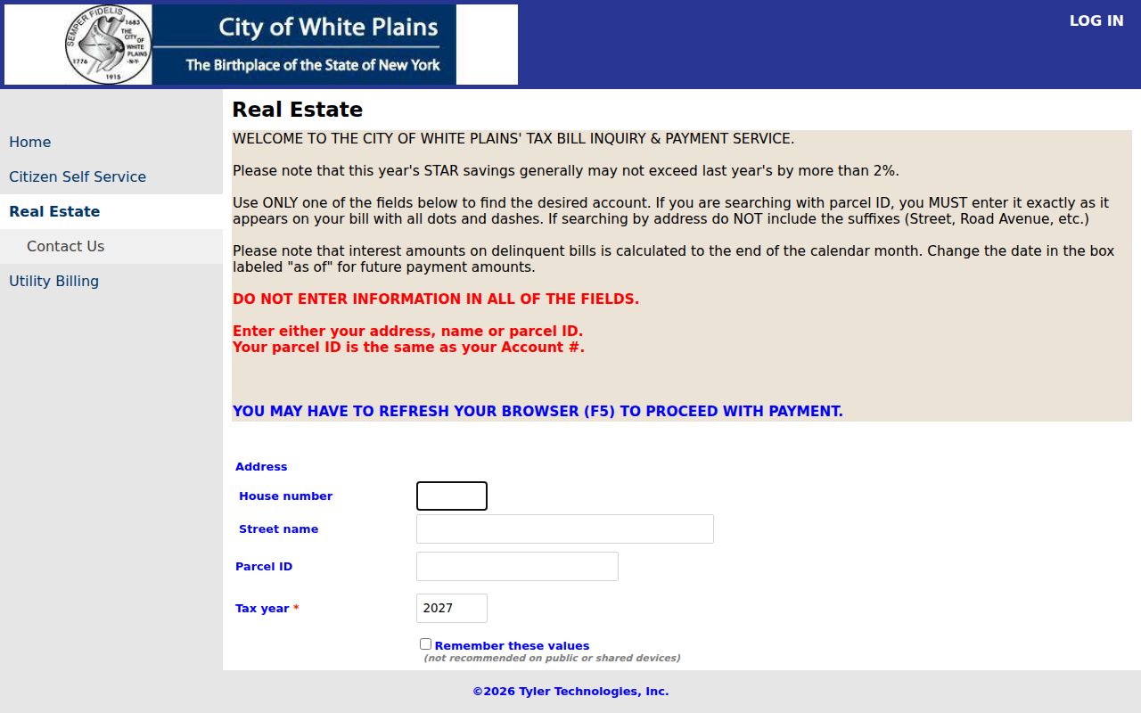 White Plains street directory tax inquiry fields for address and parcel searches