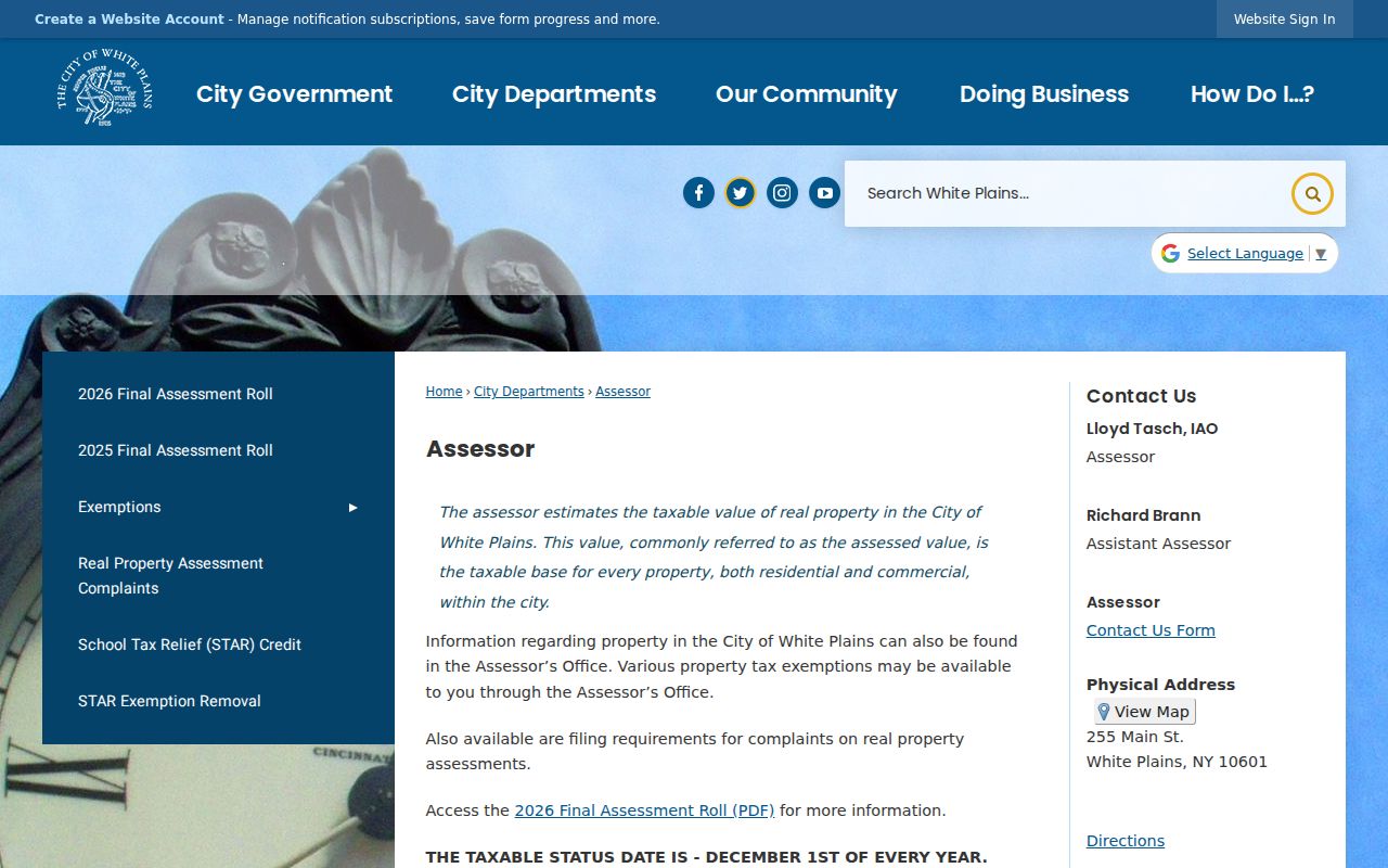 White Plains ZIP code directory Assessor page and assessment roll calendar